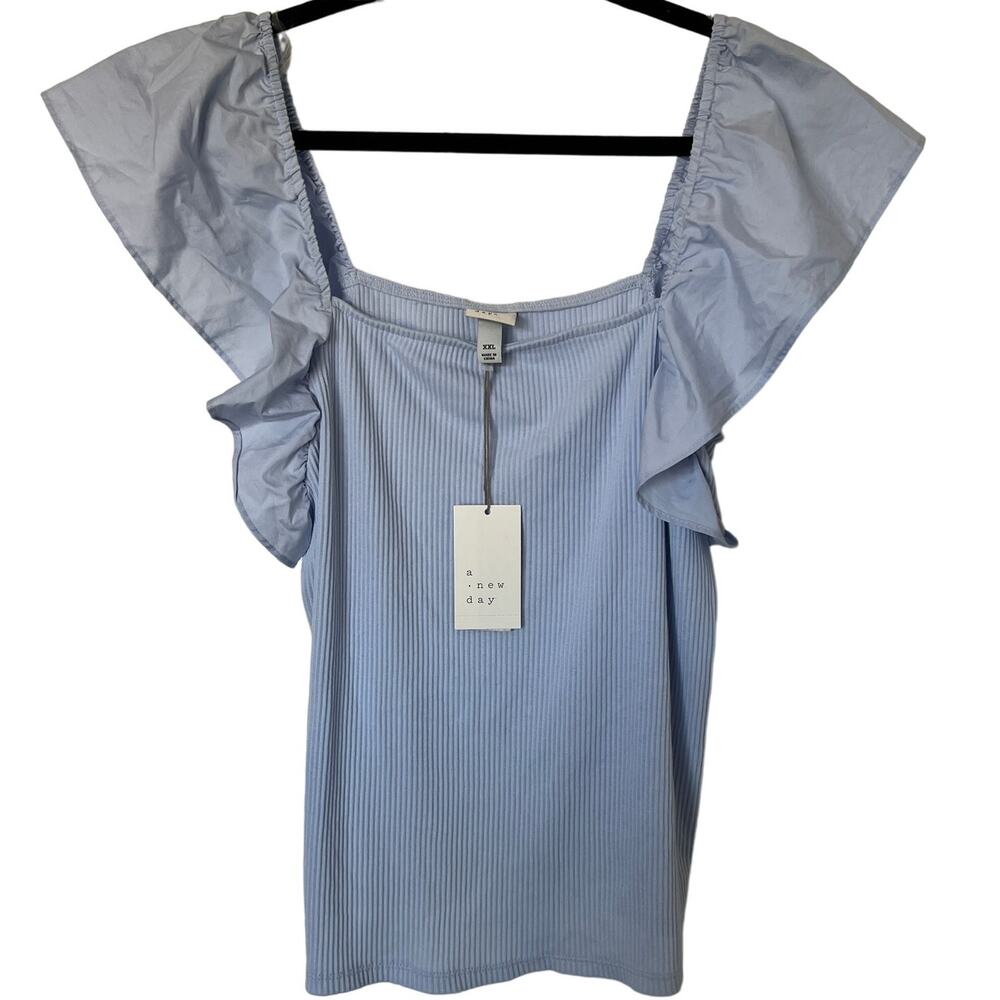 A New Day Women's Light Blue Ruffle Sleeve Ribbed Shirt - Size XL - NWT